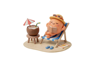 3D Clay Character Relaxing Drink on Beach Chair Transparent Background