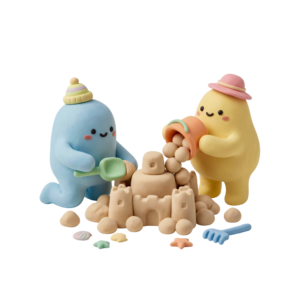 3D Clay Characters Building Sandcastle Transparent Background