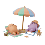 3D Clay Characters Sunbathing on Beach Transparent Background