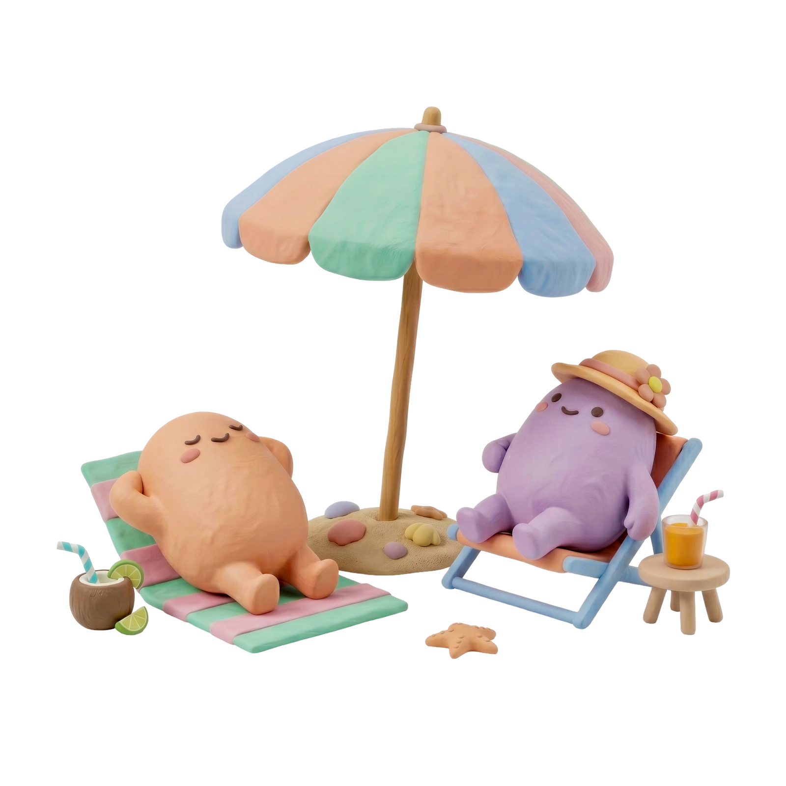 3D Clay Characters Sunbathing on Beach Transparent Background