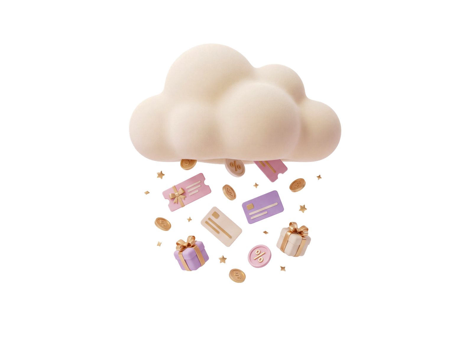 3D Cloud Raining Envelopes and Coins Isolated