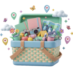 3D Picnic Basket with Food Drinks Isolated