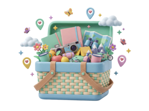3D Picnic Basket with Food Drinks Isolated