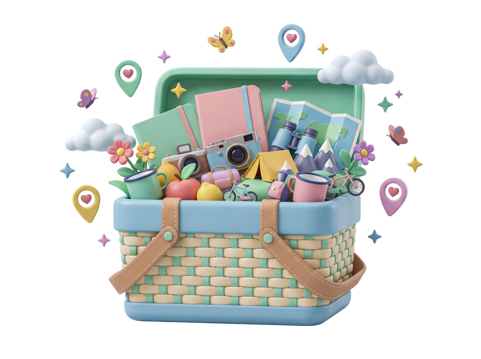 3D Picnic Basket with Food Drinks Isolated