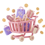 3D Shopping Cart with Bags Coins Isolated