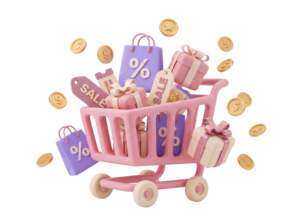 3D Shopping Cart with Bags Coins Isolated