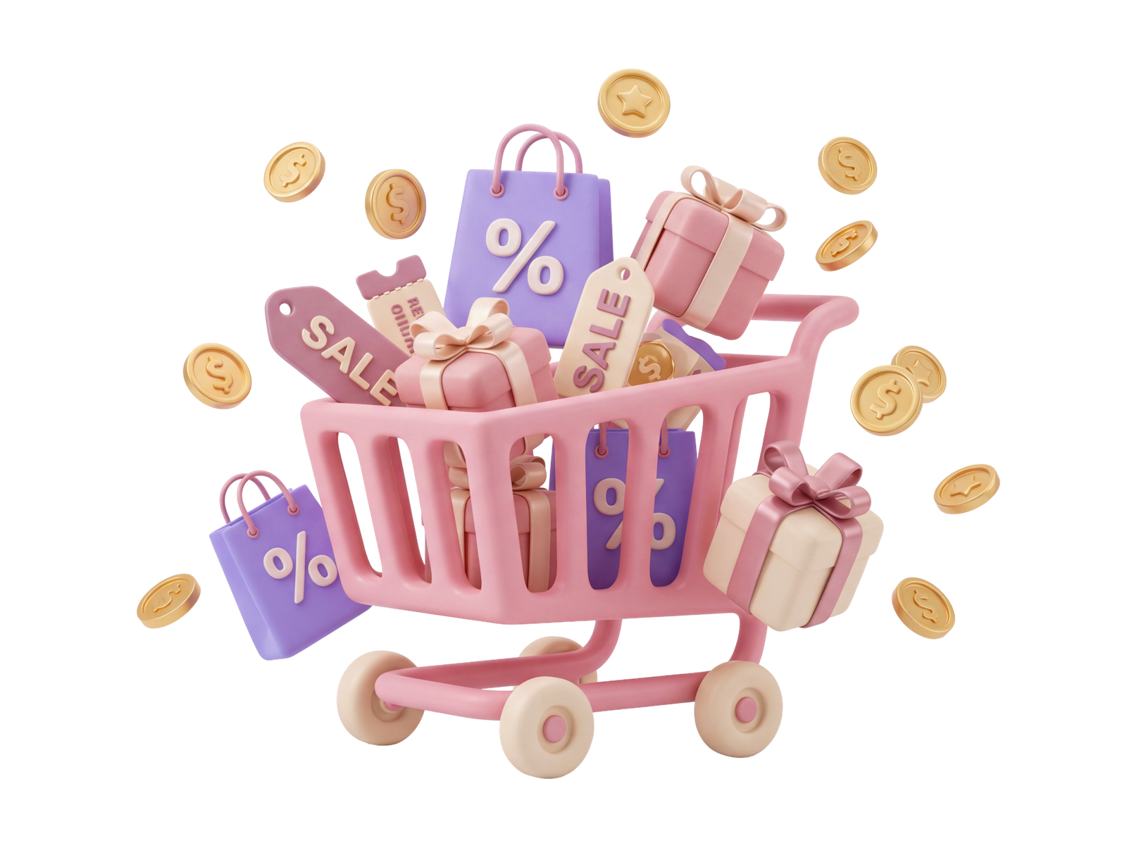 3D Shopping Cart with Bags Coins Isolated