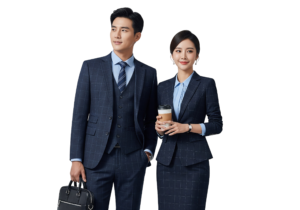 Asian Businessman and Businesswoman Holding Coffee Transparent Background