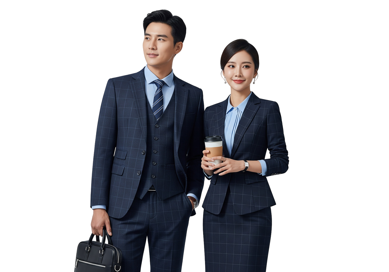 Asian Businessman and Businesswoman Holding Coffee Transparent Background
