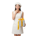 Asian Woman in White Dress Holding Gift Box Transparent Background