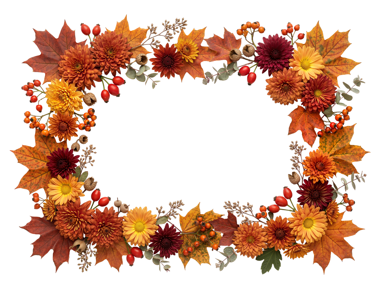 Autumn Leaves and Flowers Rectangular Frame Border Transparent Background
