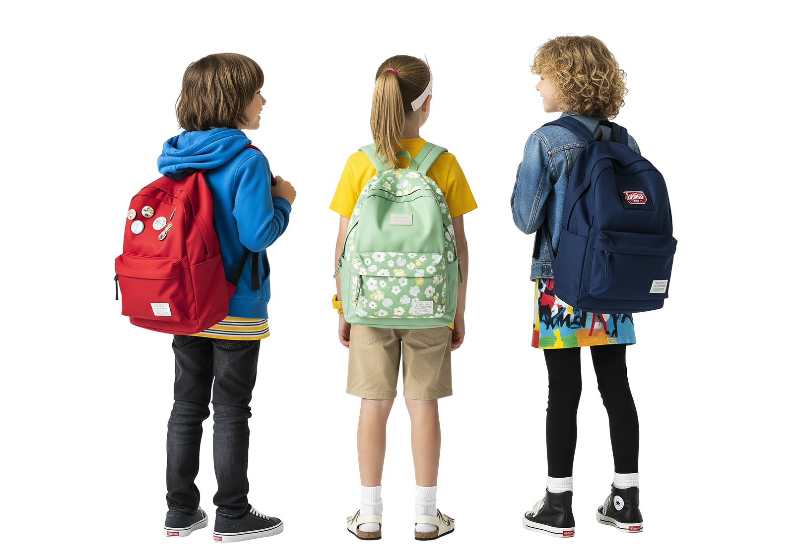 Back View of Diverse Elementary Students Wearing Backpacks