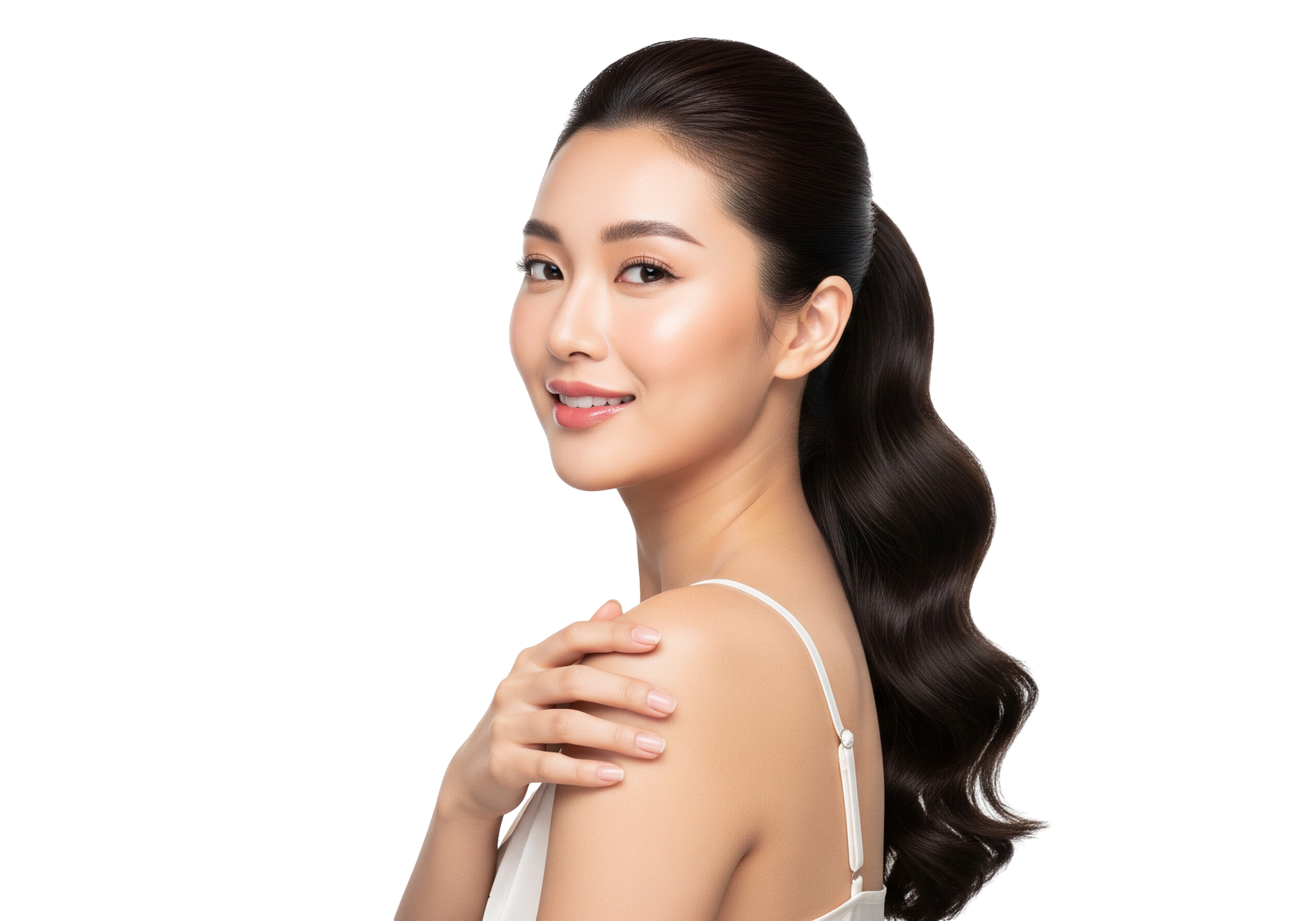 Beautiful Asian Woman Looking Over Shoulder Skincare Portrait Transparent Background