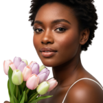 Beautiful Black Woman Holding Pastel Tulips Bouquet Transparent Background