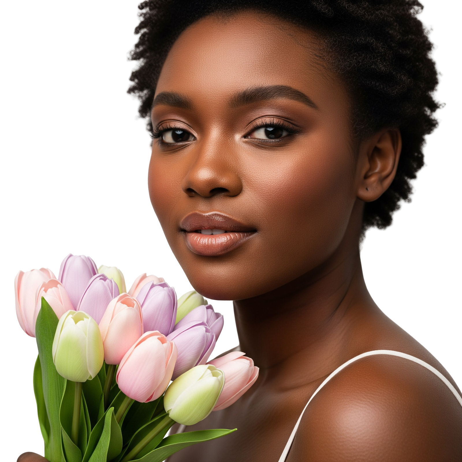 Beautiful Black Woman Holding Pastel Tulips Bouquet Transparent Background