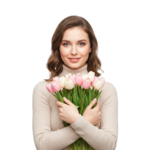Beautiful Smiling Woman Hugging Pink Tulips Bouquet Transparent Background