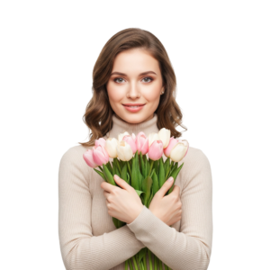 Beautiful Smiling Woman Hugging Pink Tulips Bouquet Transparent Background