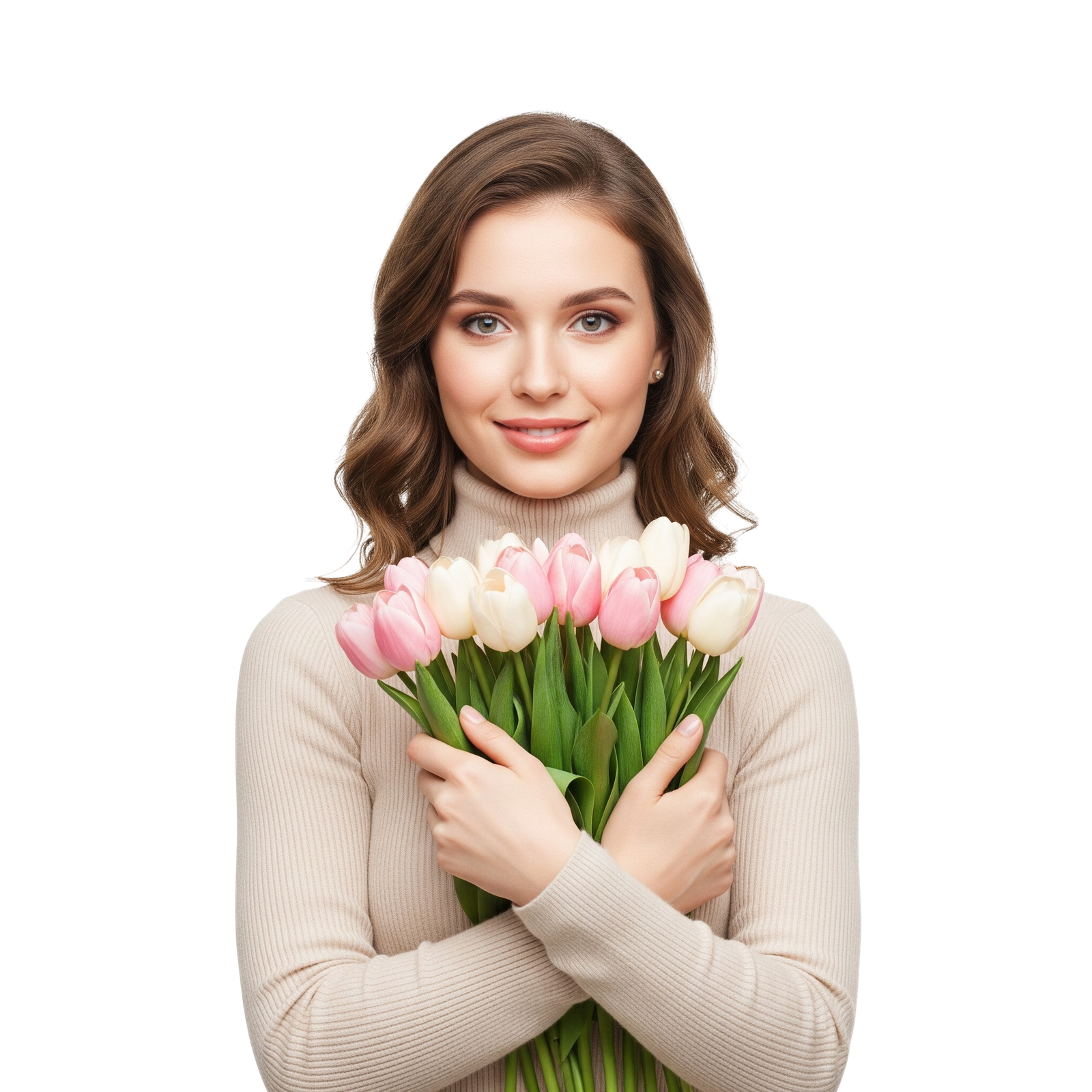 Beautiful Smiling Woman Hugging Pink Tulips Bouquet Transparent Background