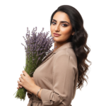 Beautiful Woman Holding Purple Lavender Bouquet Portrait Transparent Background