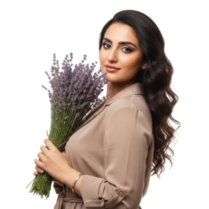 Beautiful Woman Holding Purple Lavender Bouquet Portrait Transparent Background