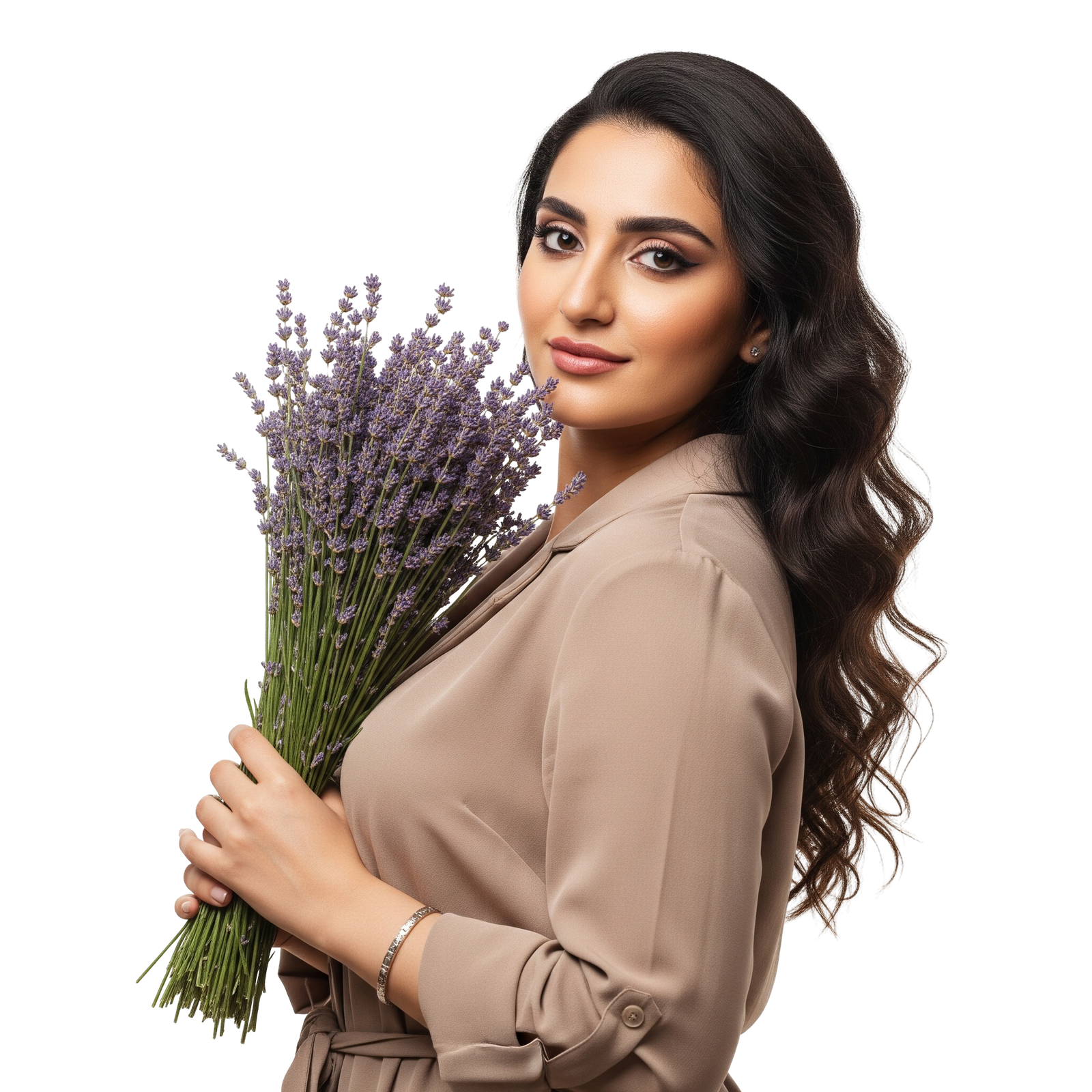 Beautiful Woman Holding Purple Lavender Bouquet Portrait Transparent Background