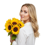 Beautiful Woman Holding Sunflower Bouquet Looking Over Shoulder Transparent Background