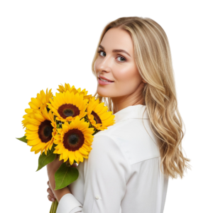 Beautiful Woman Holding Sunflower Bouquet Looking Over Shoulder Transparent Background