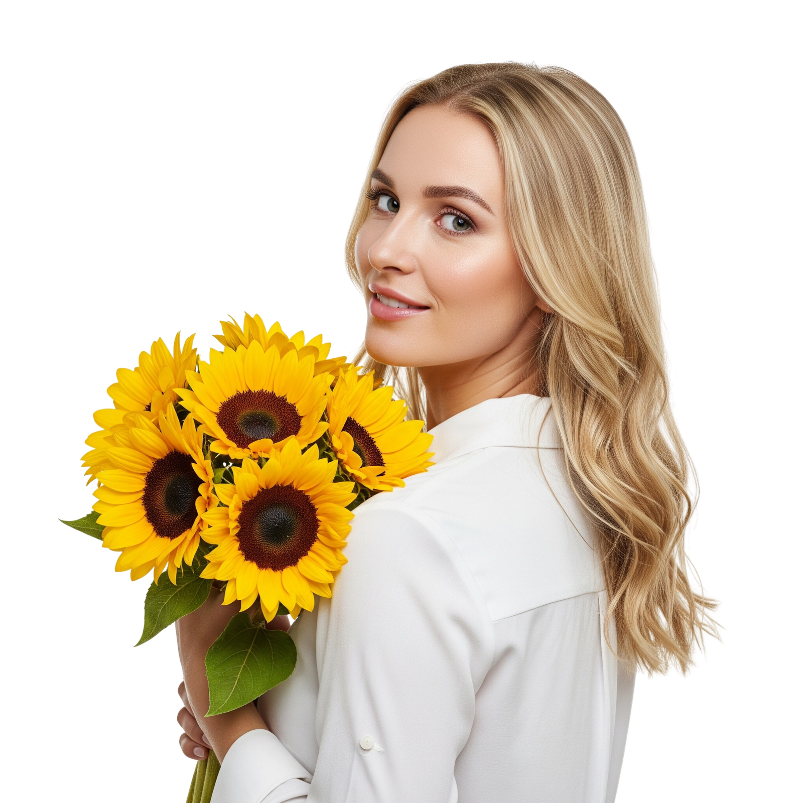 Beautiful Woman Holding Sunflower Bouquet Looking Over Shoulder Transparent Background