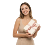Beautiful Woman Holding Wrapped Gift Box Transparent Background