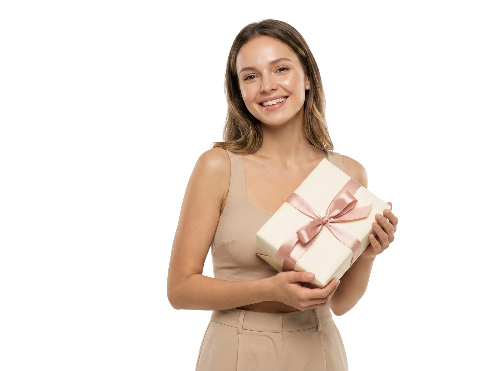 Beautiful Woman Holding Wrapped Gift Box Transparent Background