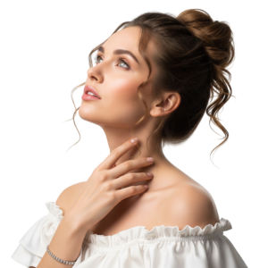 Beautiful Woman Looking Up Touching Neck Skincare Portrait Transparent Background