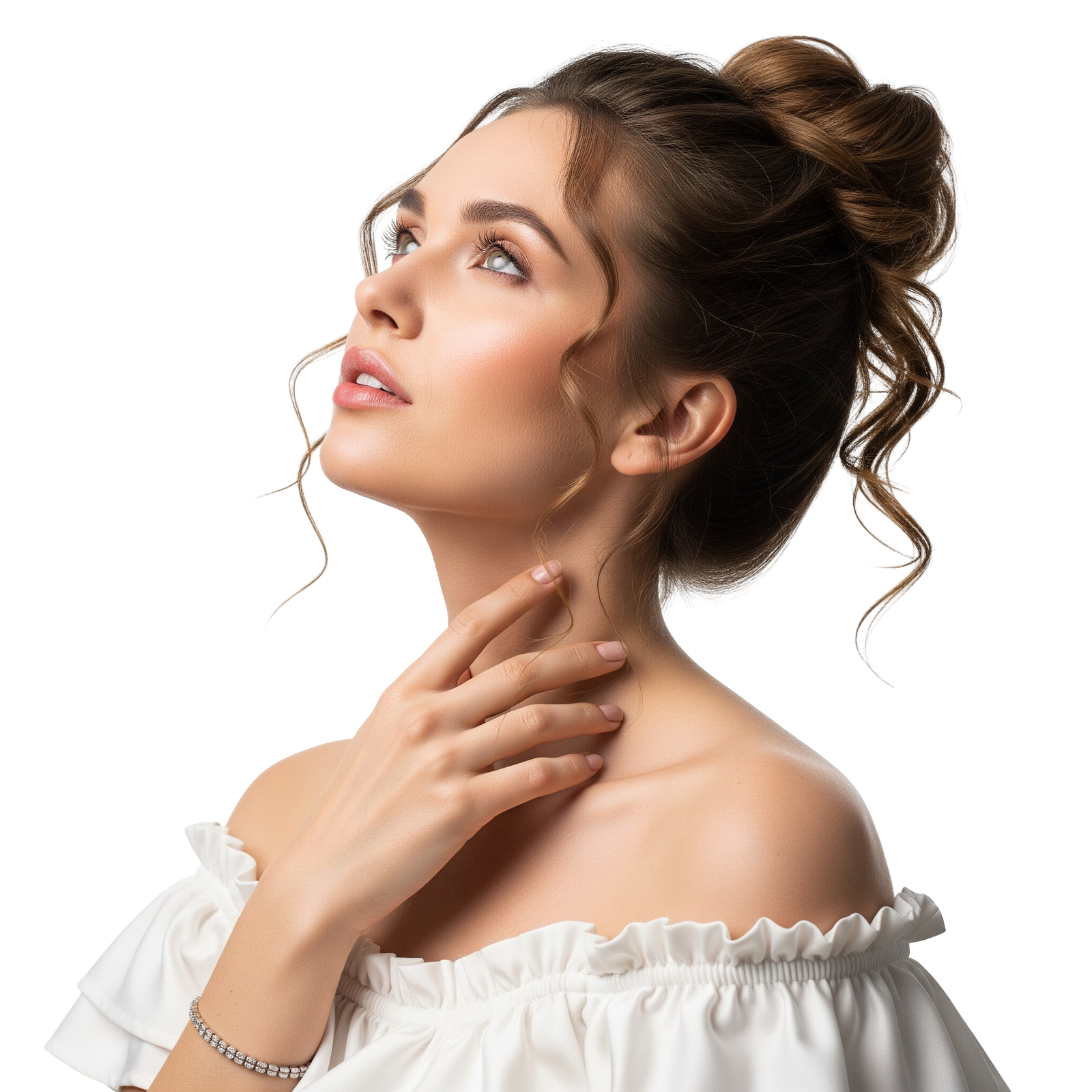 Beautiful Woman Looking Up Touching Neck Skincare Portrait Transparent Background