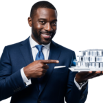 Black Businessman Presenting Modern House Architectural Model Transparent Background