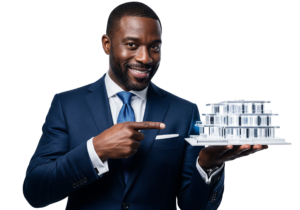 Black Businessman Presenting Modern House Architectural Model Transparent Background