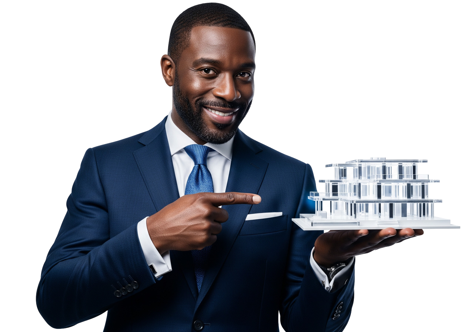 Black Businessman Presenting Modern House Architectural Model Transparent Background