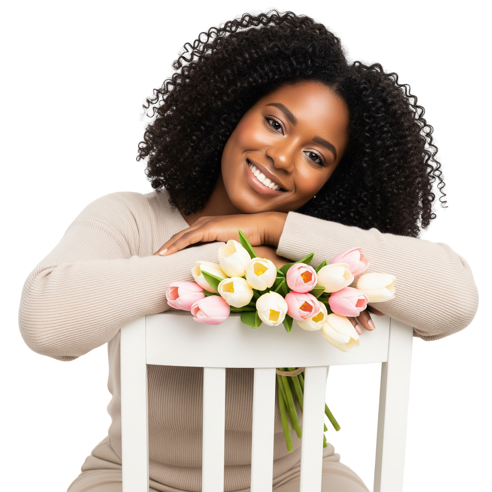 Black Woman Leaning on Chair with Tulip Bouquet Transparent Background
