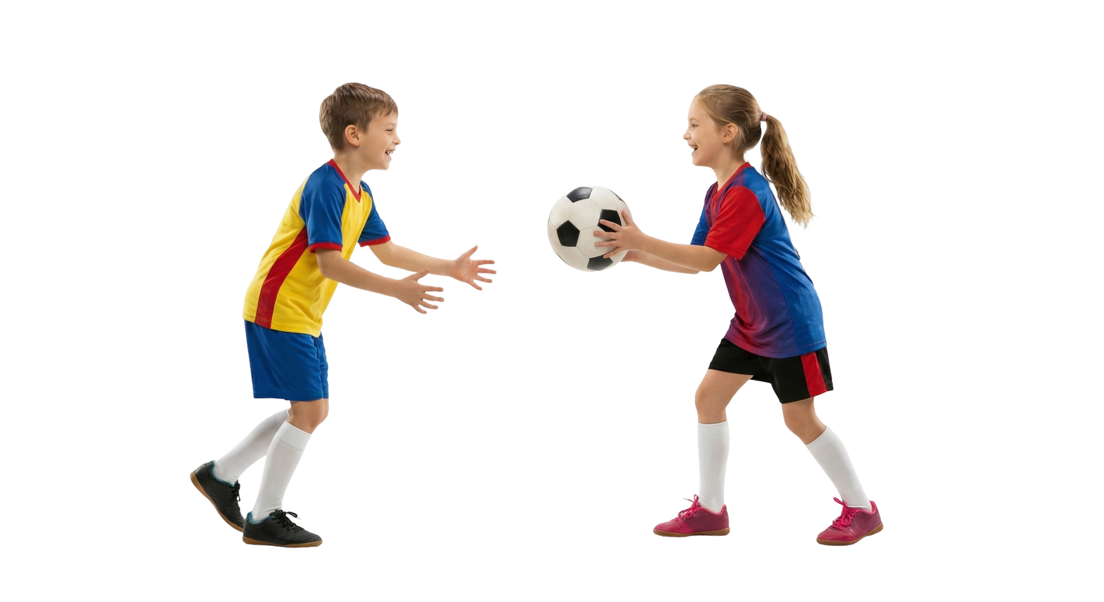 Boy and Girl Playing Soccer Passing Football Ball
