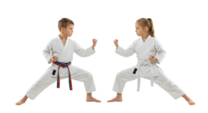 Boy and Girl Practicing Karate Martial Arts Stance