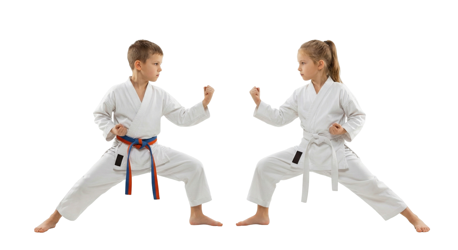 Boy and Girl Practicing Karate Martial Arts Stance