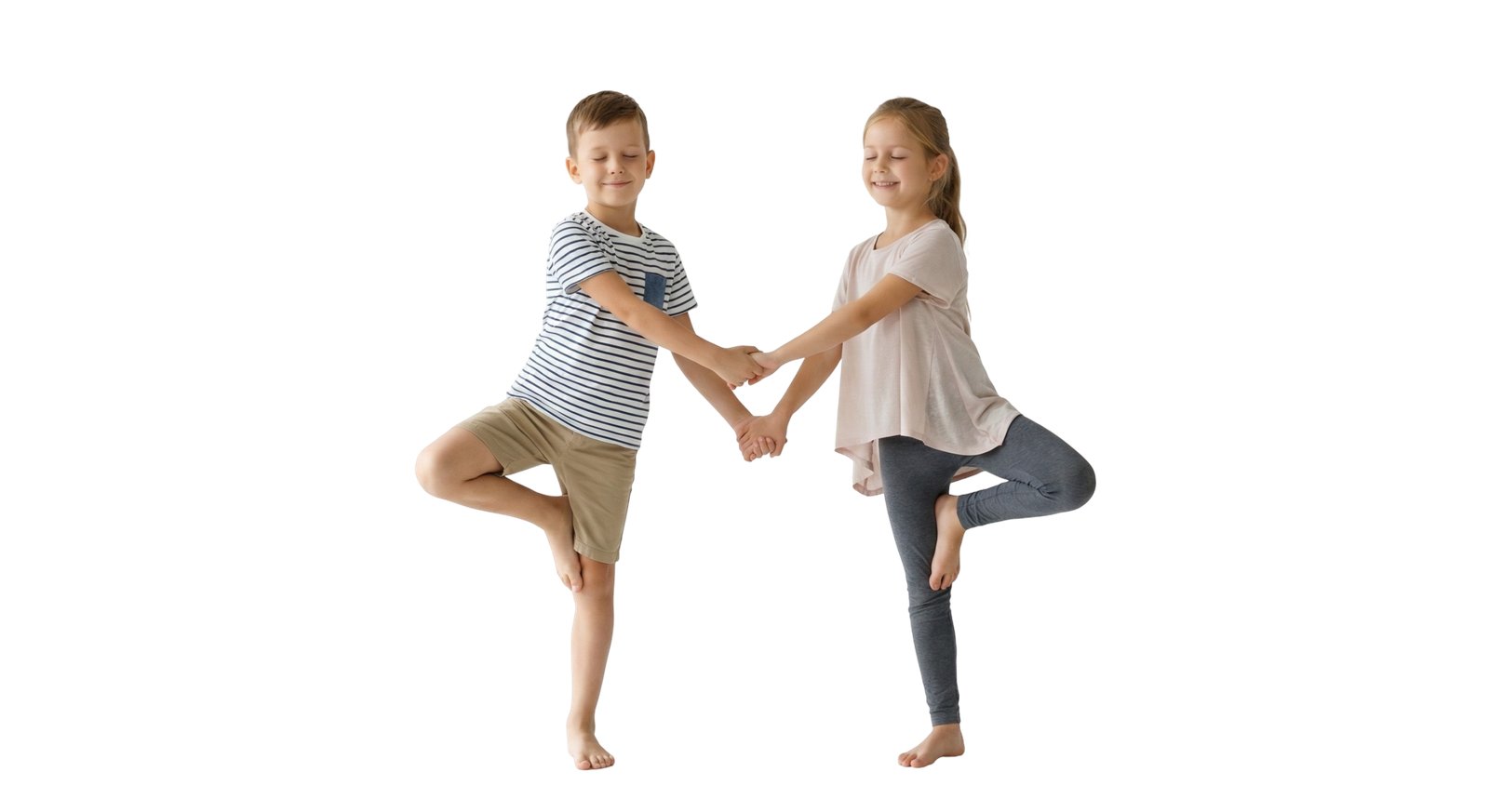 Boy and Girl Practicing Yoga Tree Pose Together