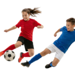 Boy and Girl Soccer Players Sliding Tackle for Football