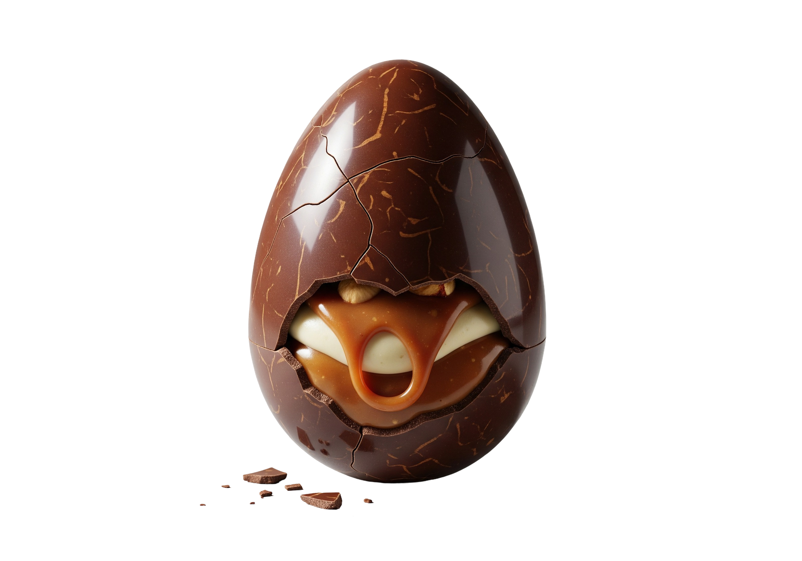 Broken Chocolate Easter Egg with Caramel Filling Transparent Background