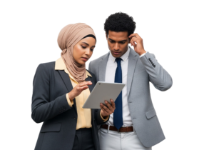 Business Colleagues Discussing Work with Digital Tablet Transparent Background