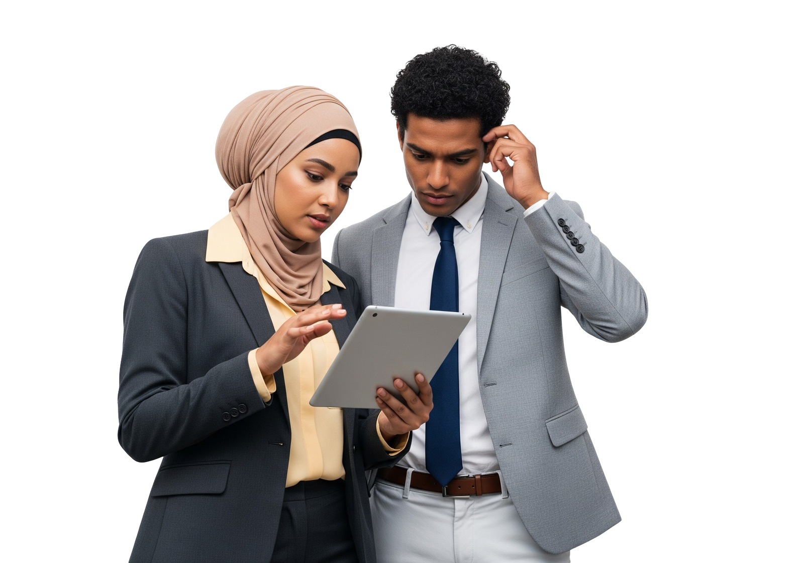 Business Colleagues Discussing Work with Digital Tablet Transparent Background