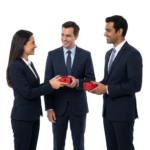 Business Colleagues Exchanging Red Gift Boxes Transparent Background