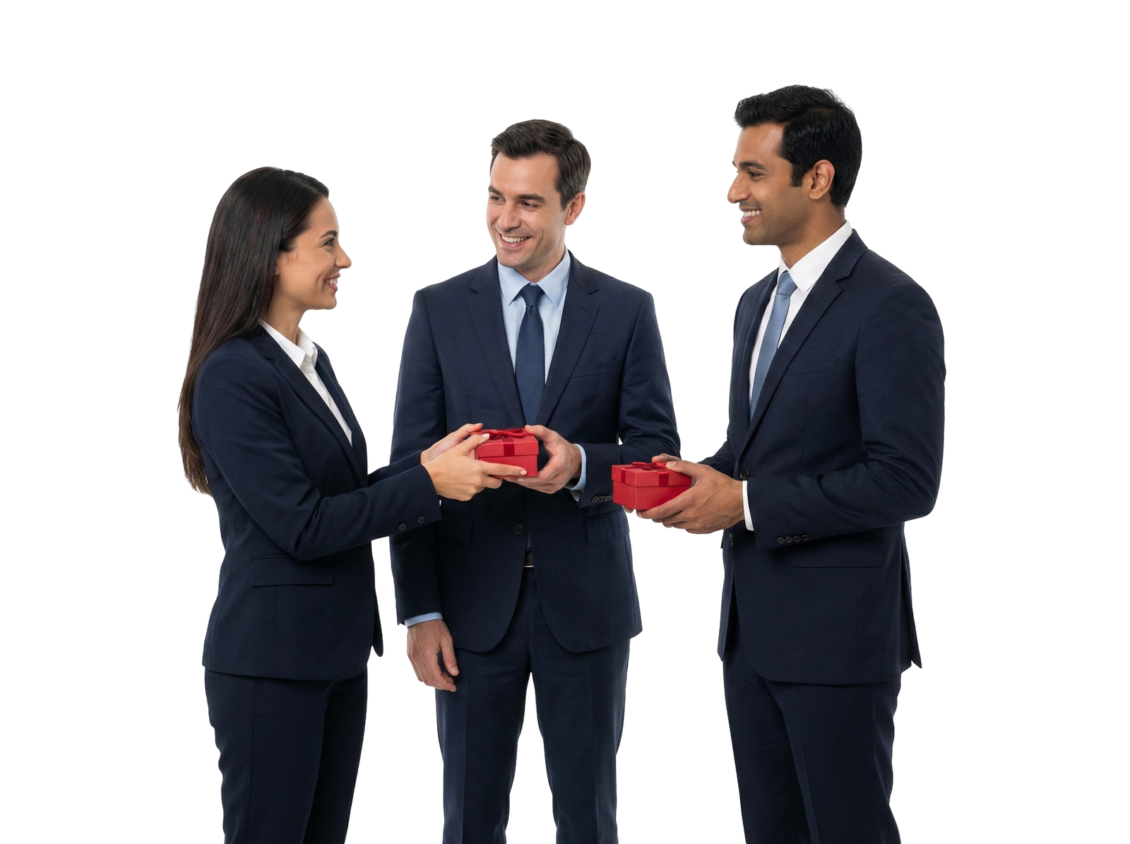 Business Colleagues Exchanging Red Gift Boxes Transparent Background