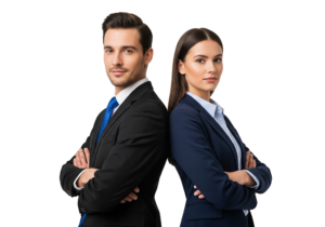 Business Man and Woman Standing Back to Back Arms Crossed Transparent Background
