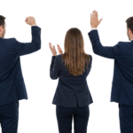 Business Team Back View Cheering and Waving Hands Corporate Success
