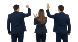 Business Team Back View Cheering and Waving Hands Corporate Success