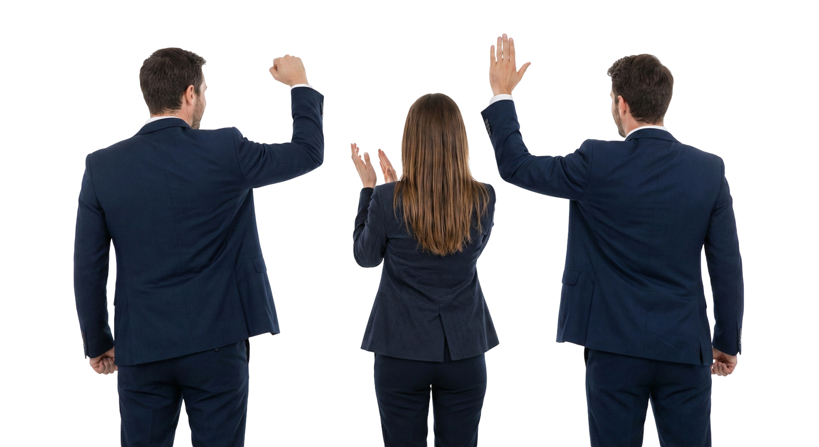 Business Team Back View Cheering and Waving Hands Corporate Success